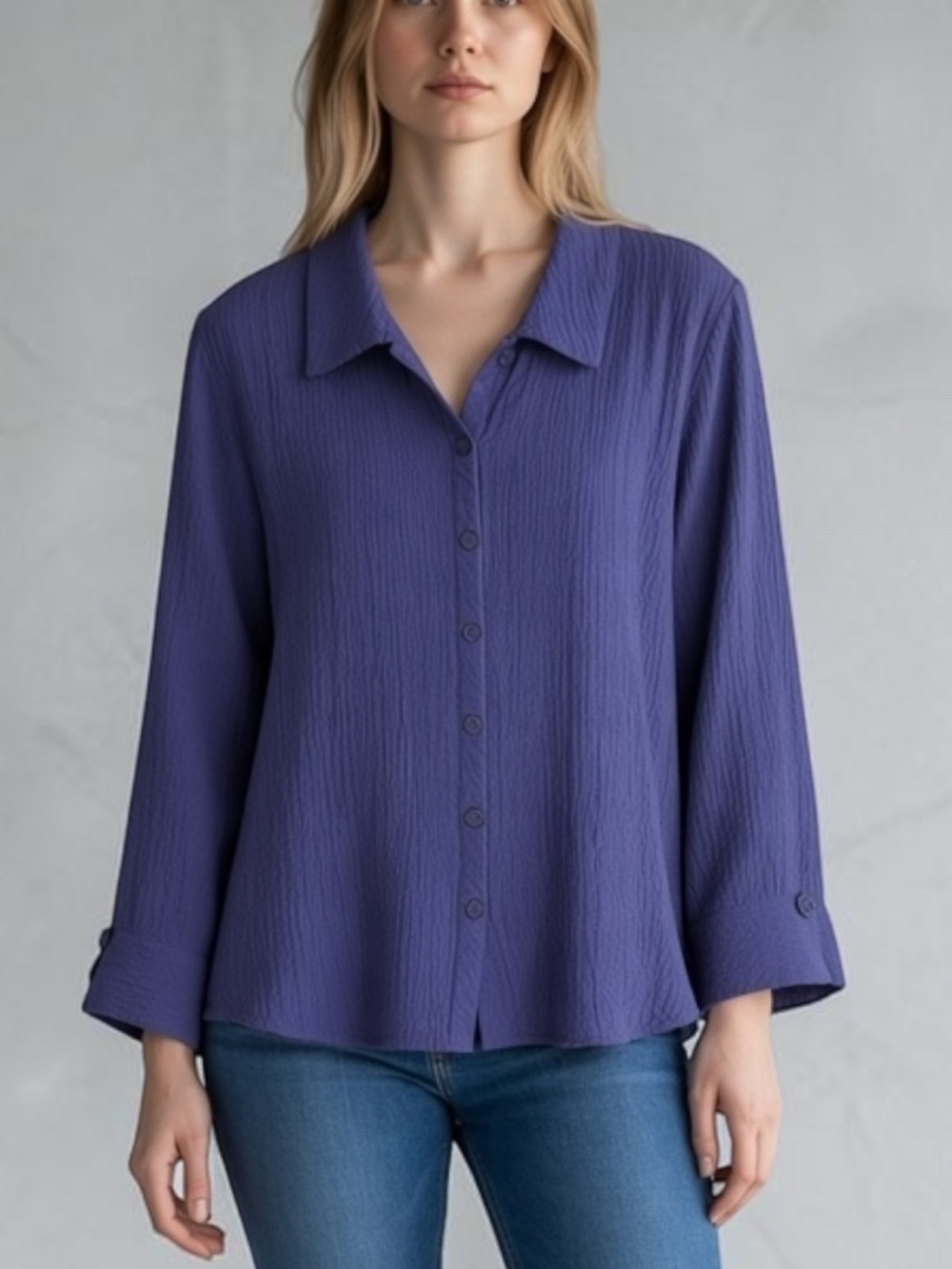 Habitat Crinkle Button-Down Blouse XL Minimalist Boho Artsy Deep Purple Textured